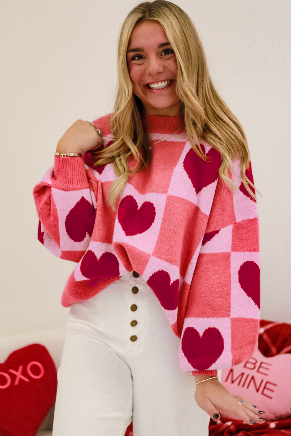 Pink Love Heart Checkered Valentine Crew Neck Sweater