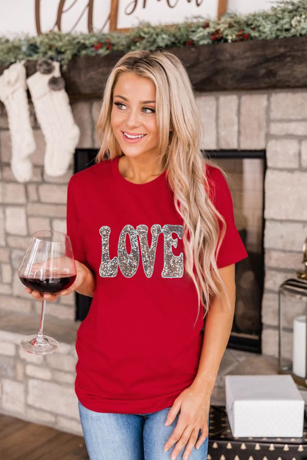 Red Leopard Striped Heart Shaped Print Crew Neck T Shirt