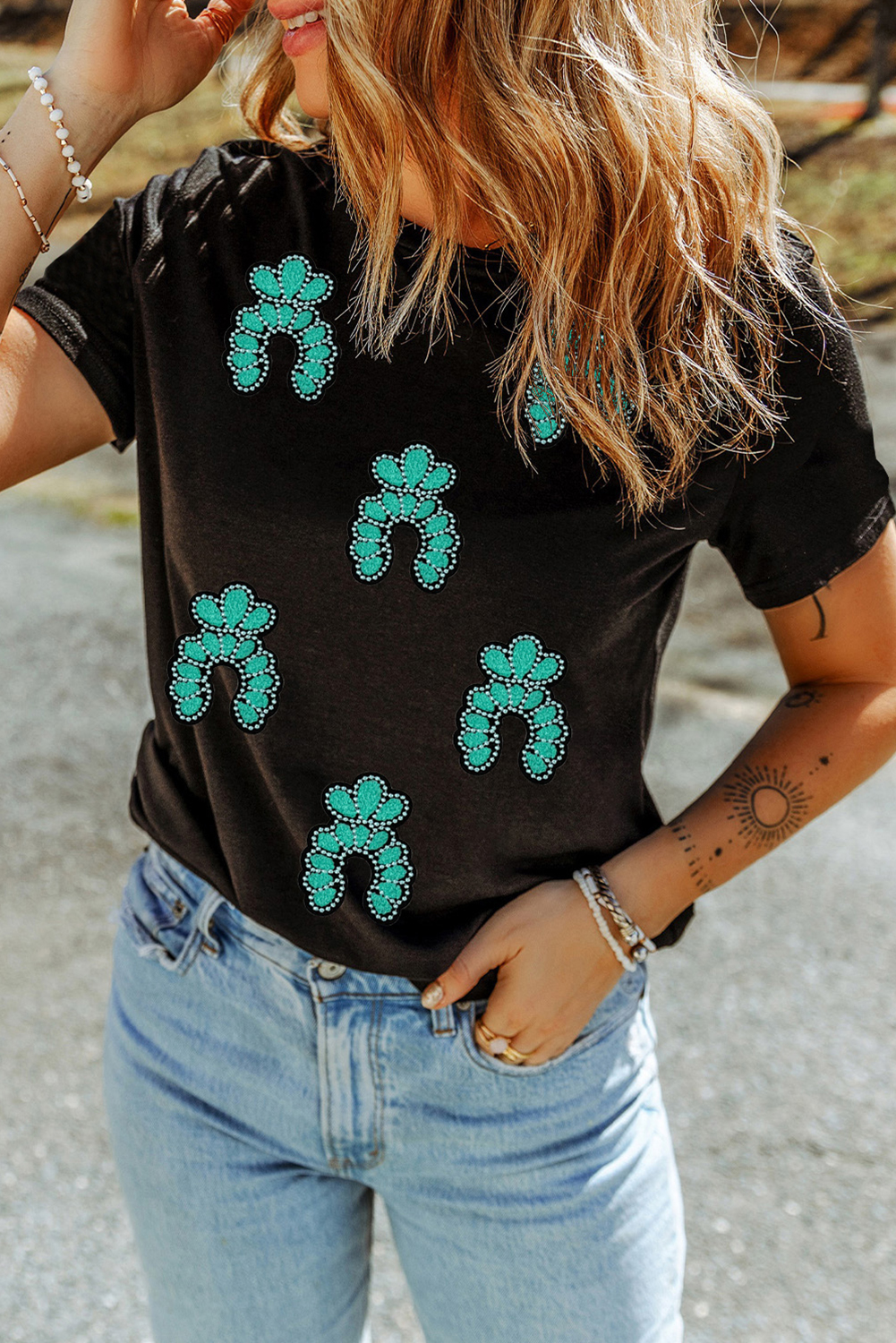 Black Western Turquoise Pattern Sequin Patched T Shirt