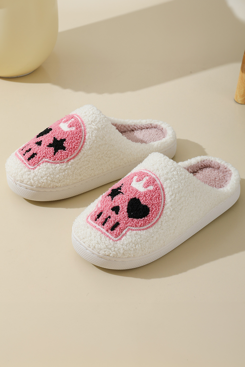 Black Halloween Skull Printed Plush Winter Home Slippers
