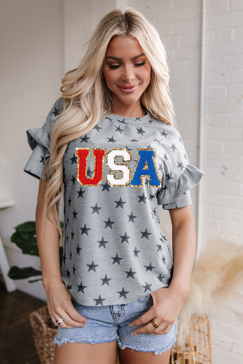 Gray USA Letter Patched Star Printed Ruffle Trim Sleeves Loose Tee