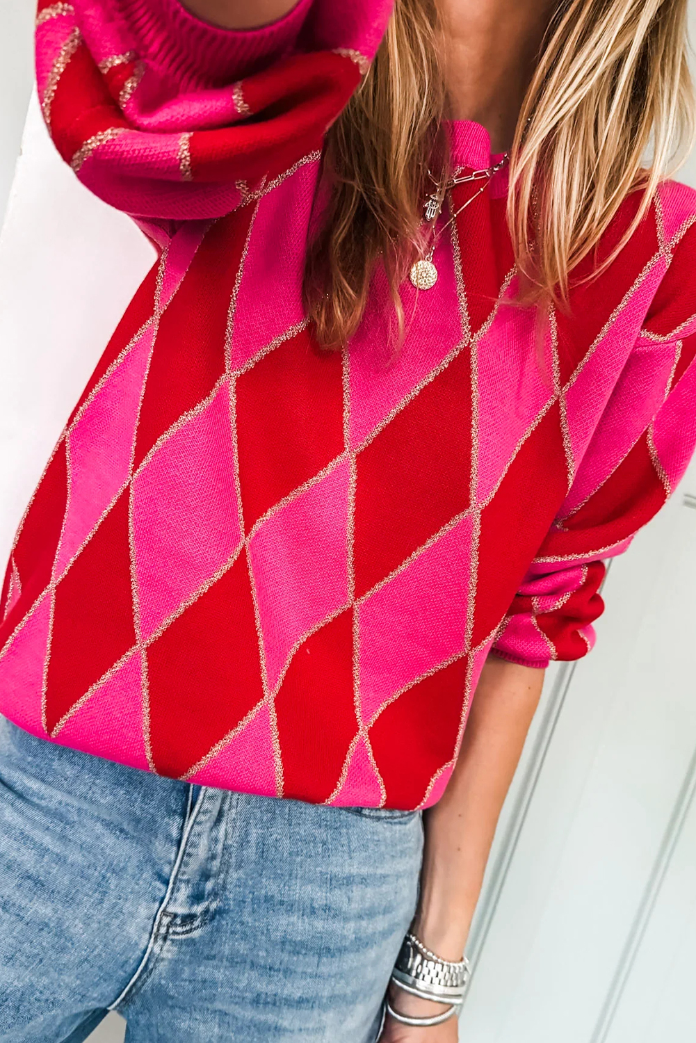 Rose Glitter Trim Rhombus Pattern Knit Sweater Vest
