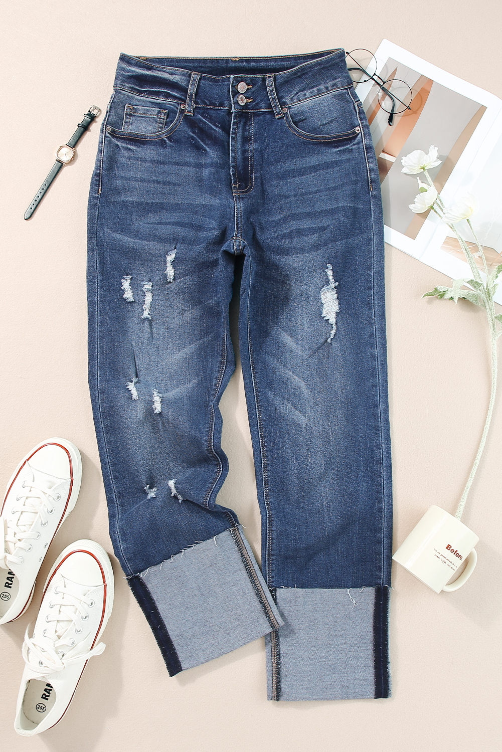 High Waist Distressed Straight Leg Jeans