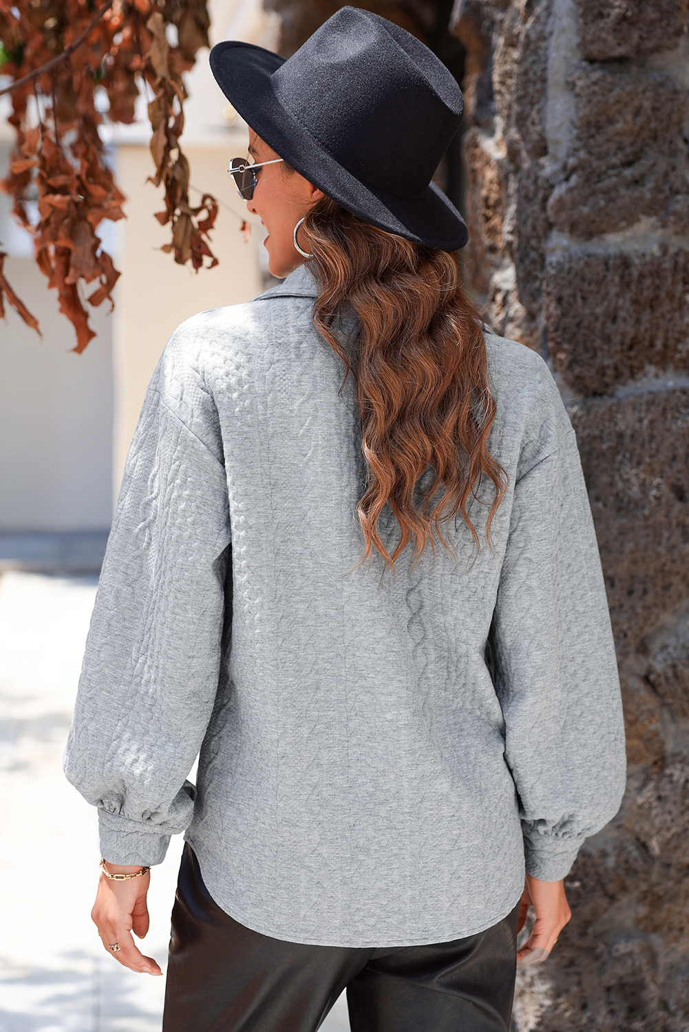 Sepia Rose Cable Texture Puff Sleeve Loose Shacket