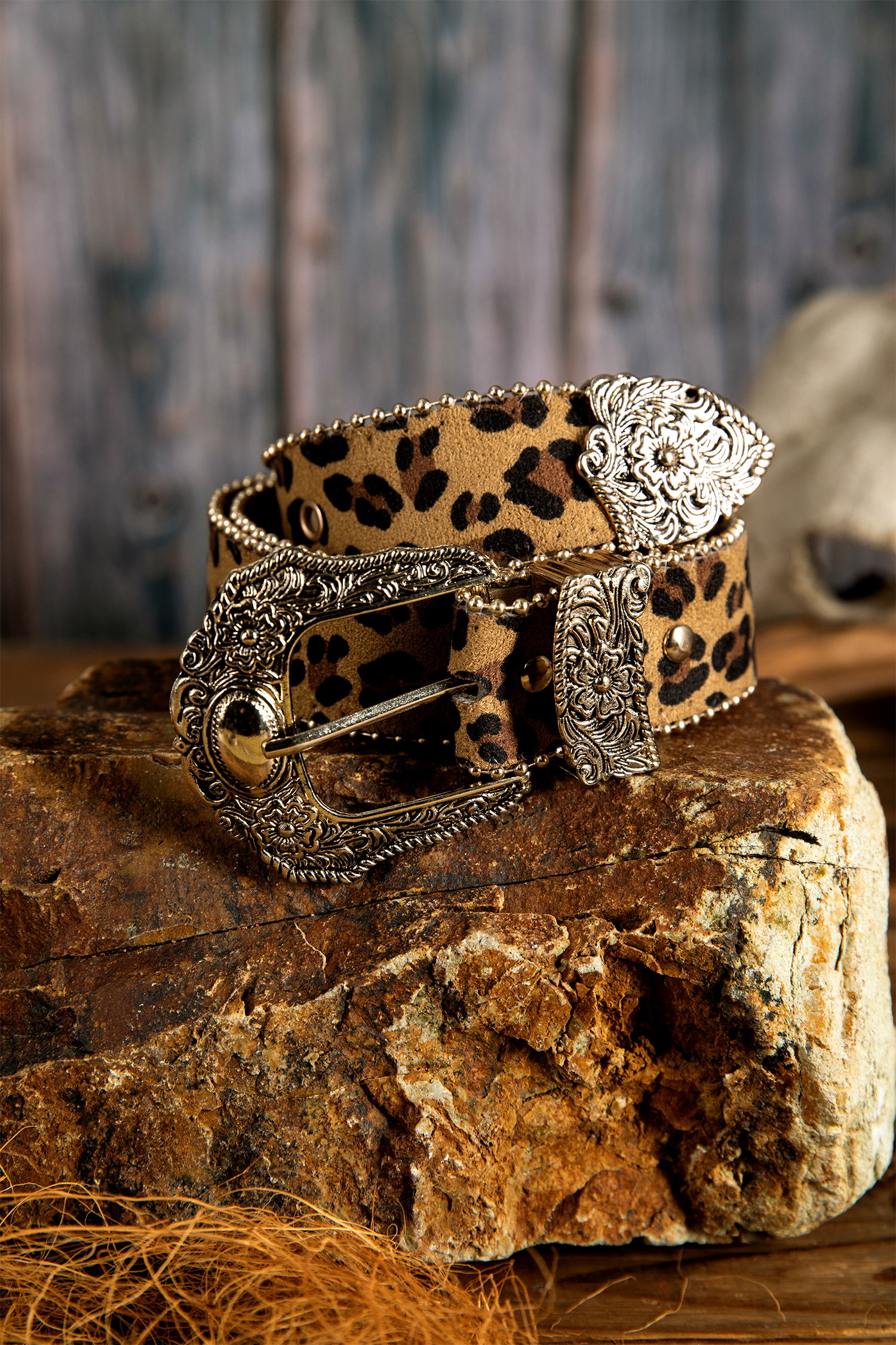Thai Curry Leopard Beading Trim Retro Embossed Hardware PU Waist Belt