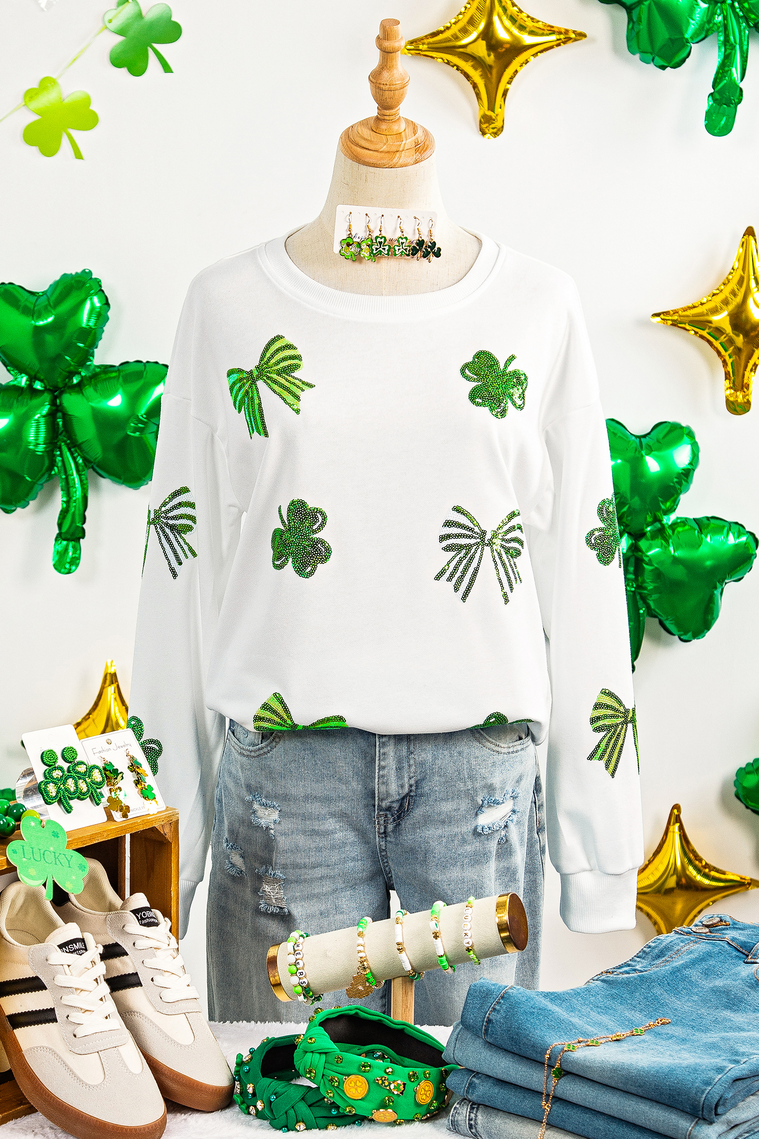 White LUCKY Clover Embroidered Long Sleeve Top