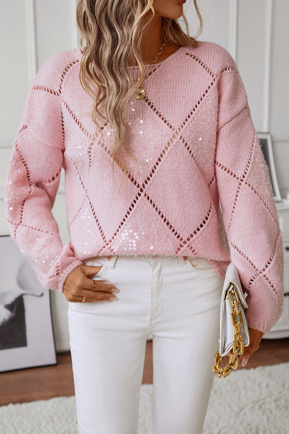 Dusk Blue Hollowed Rhombus Pattern Sequin Detail Round Neck Sweater