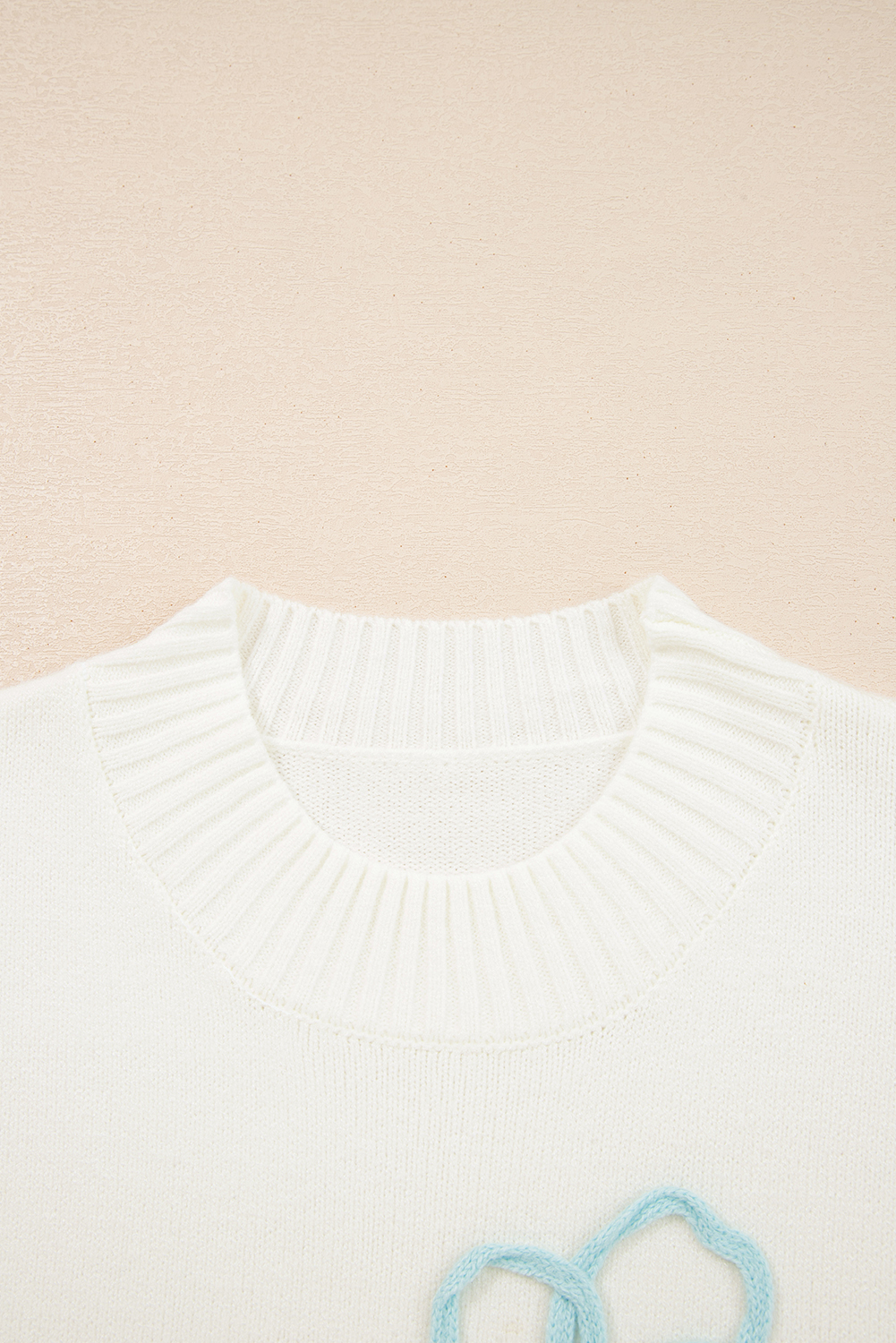 White Embroidered Flower Bouquet Ribbed Trim Loose Sweater