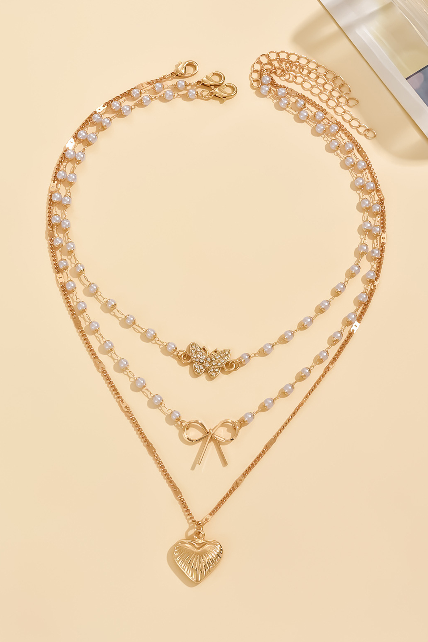 Gold Shell Heart Bow Butterfly Charm 3pcs Pearl Embellished Necklace Set