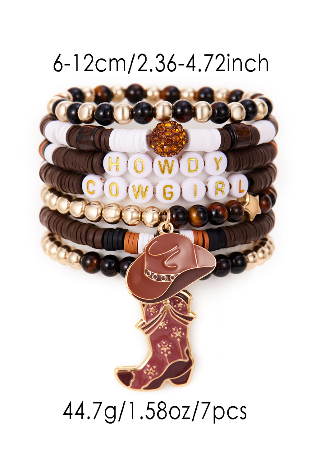 Coffee HOWDY COWGIRL Western Beaded 7pcs Stretch Bracelet Set
