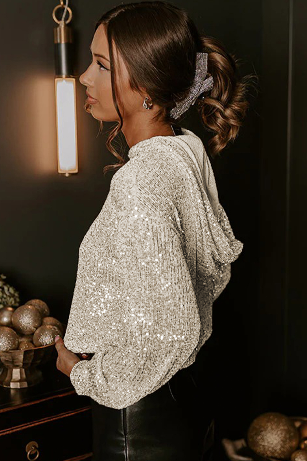 Jet Stream Sequin Hooded Long Sleeve Top