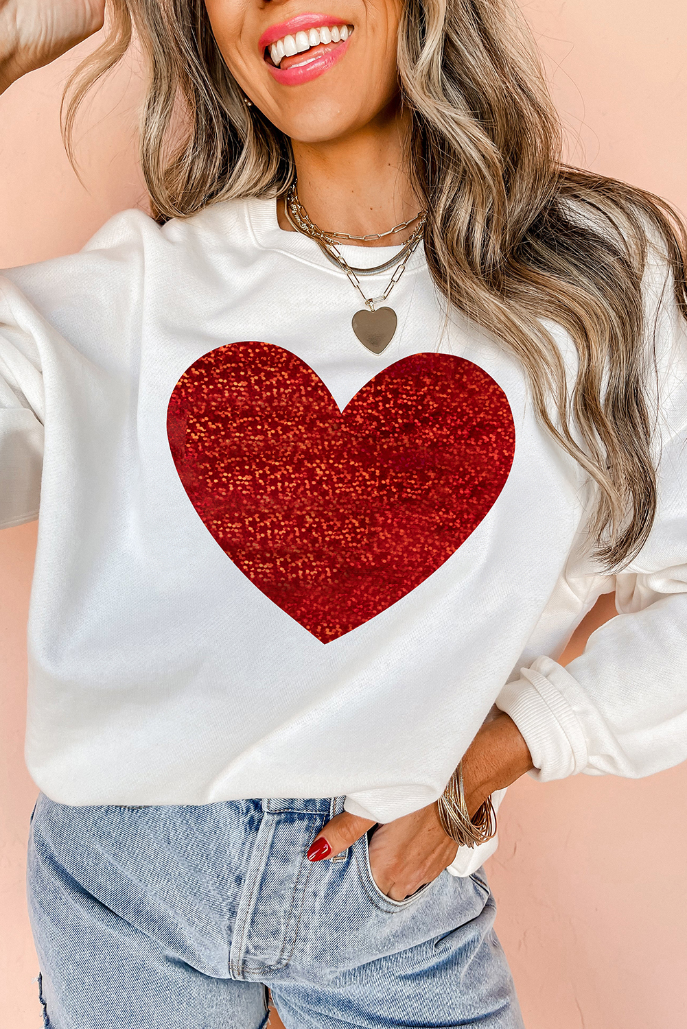 Beige Glitter Valentine Heart Shape Graphic Sweatshirt