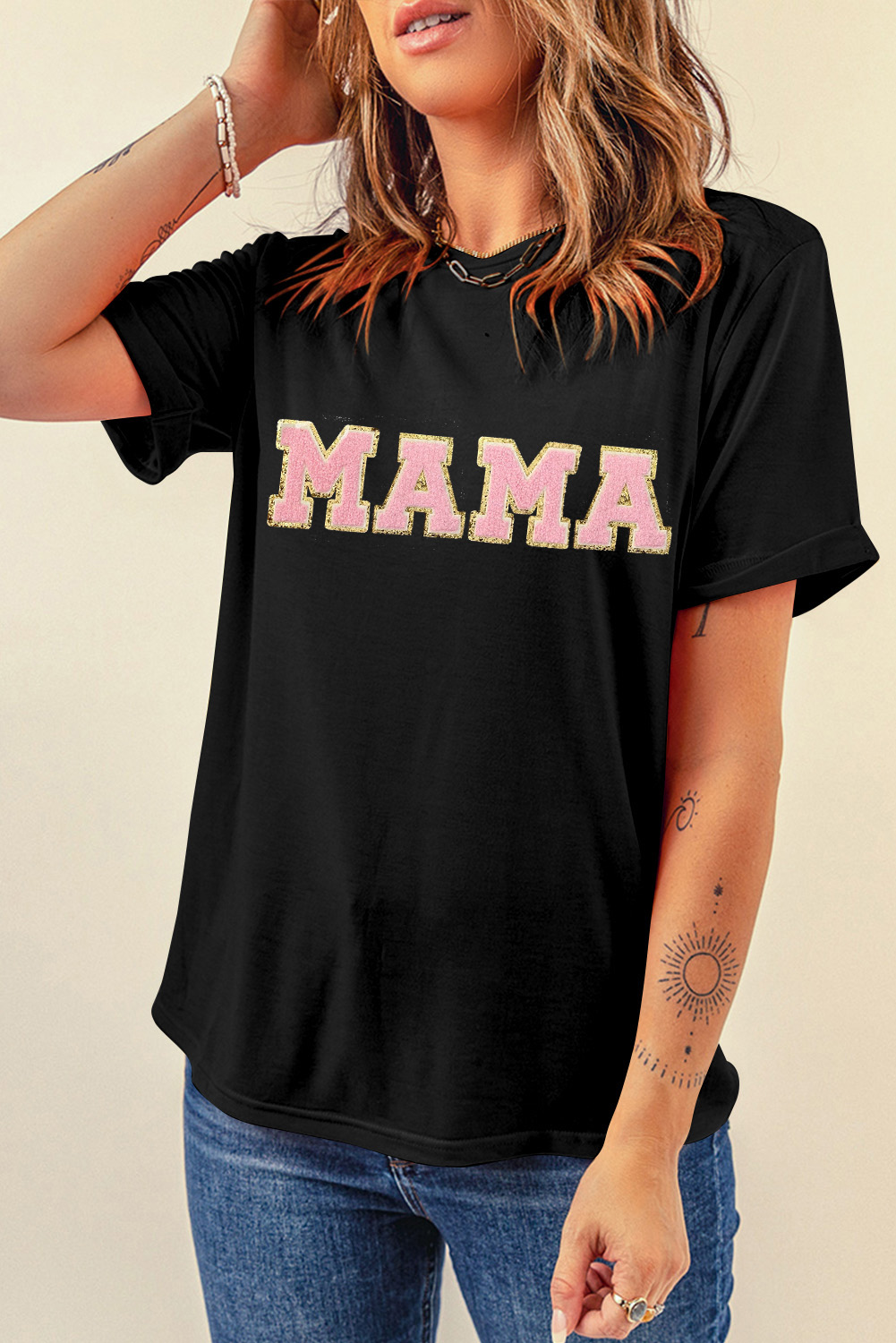 White MAMA Leopard Embroidered Crew Neck Graphic Tee