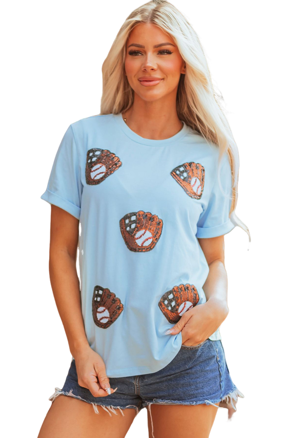 Light Blue Gopher Ball Sequin Patched Casual T Shirt