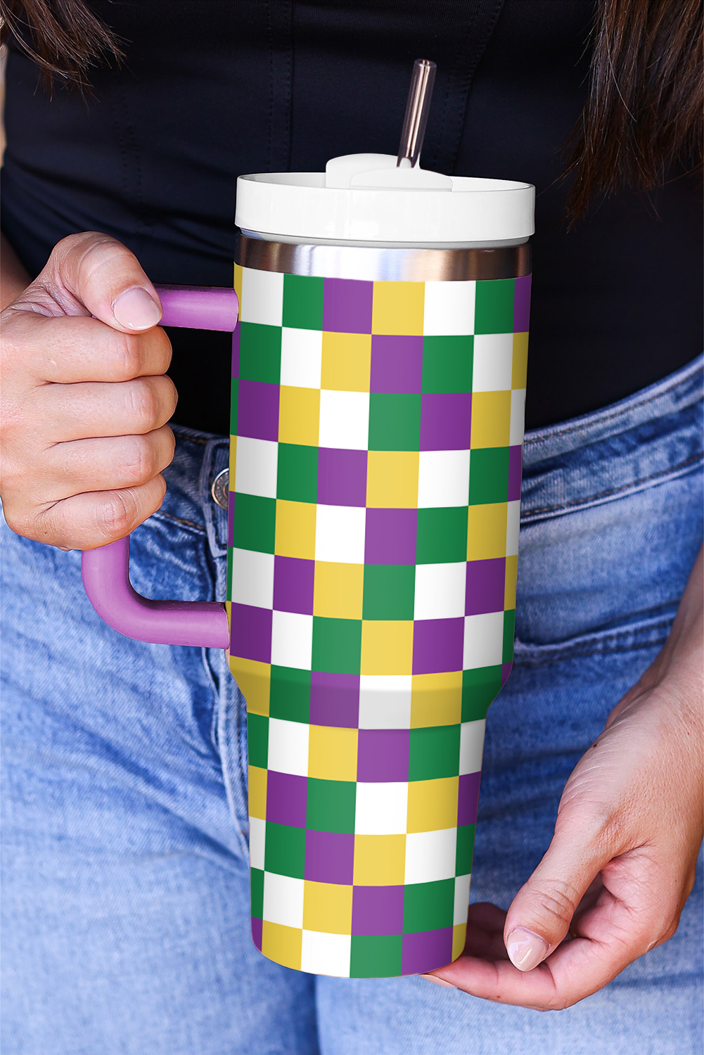 Tillandsia Purple Checkered Print Handle Large Vacuum Cup 40OZ