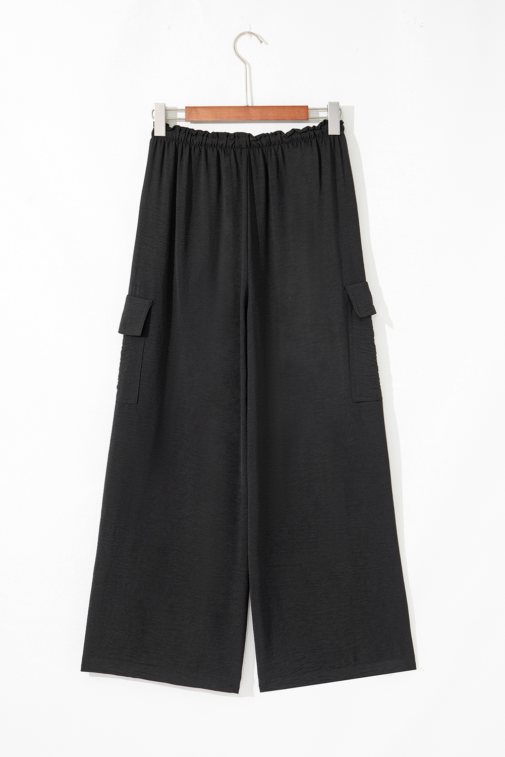Black Drawstring Frilled Elastic Waistband Wide Leg Utility Trousers