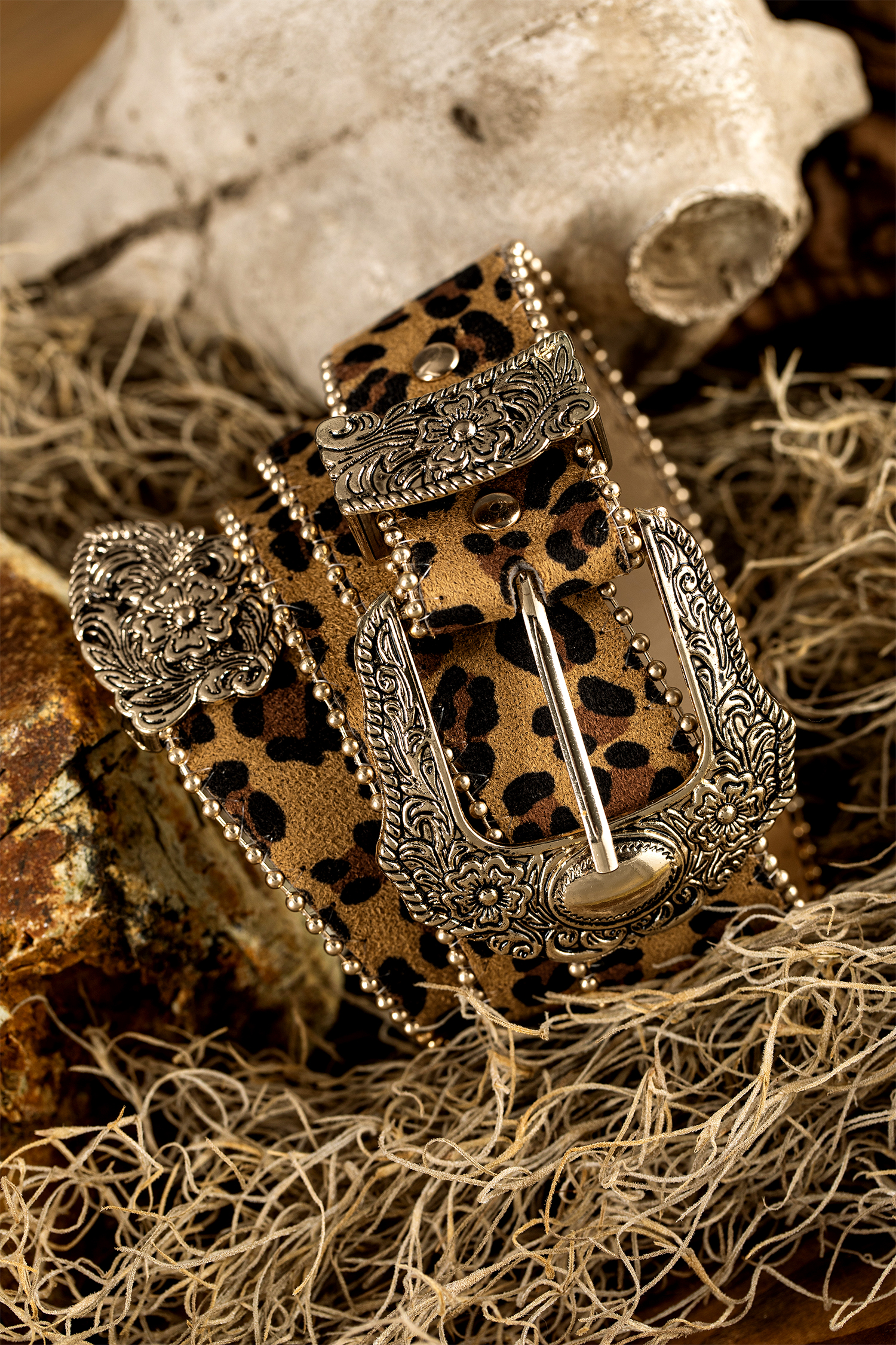 Thai Curry Leopard Beading Trim Retro Embossed Hardware PU Waist Belt