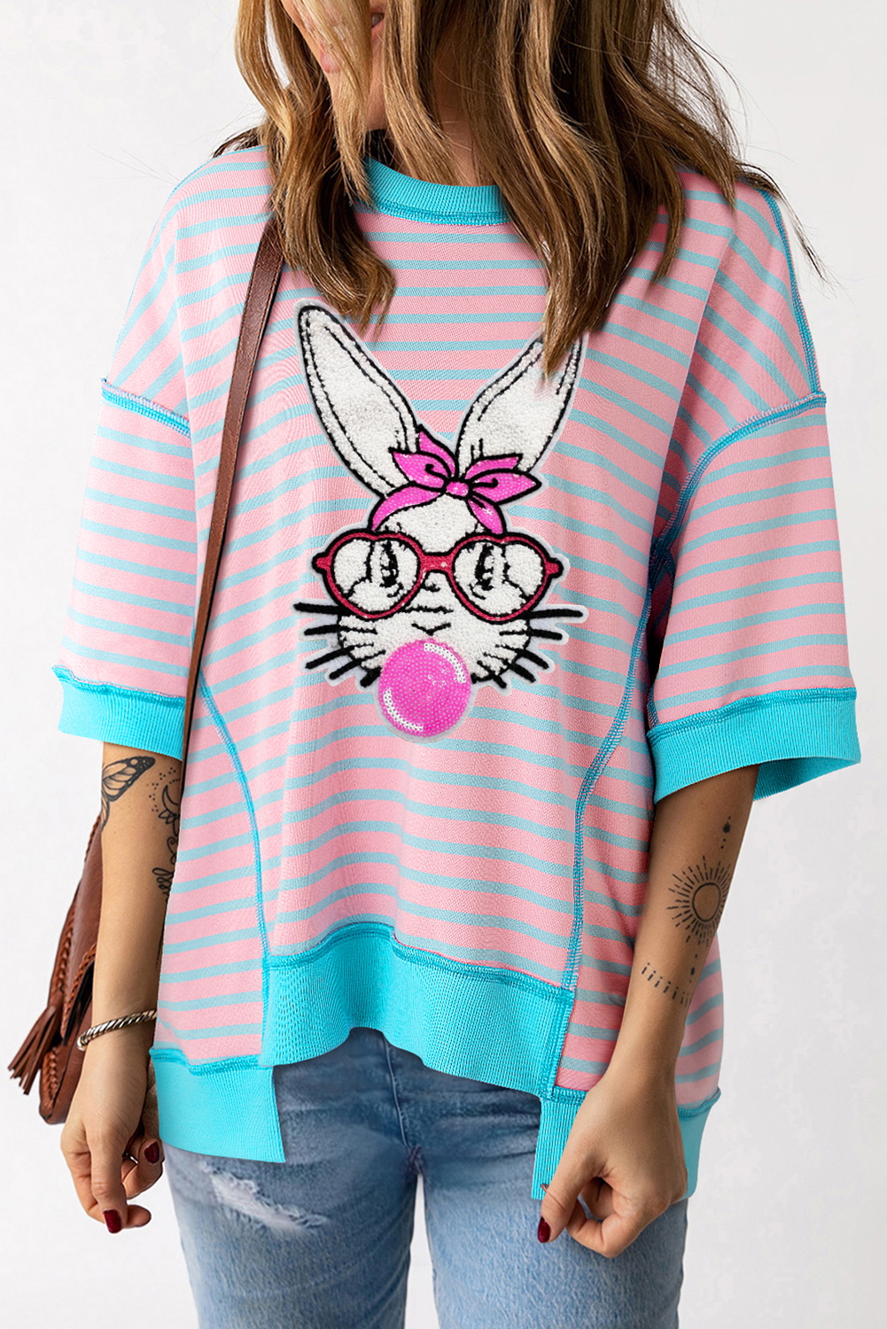 Pink Stripe Easter Rabbit Graphic Contrast Banded Drop Shoulder Tee