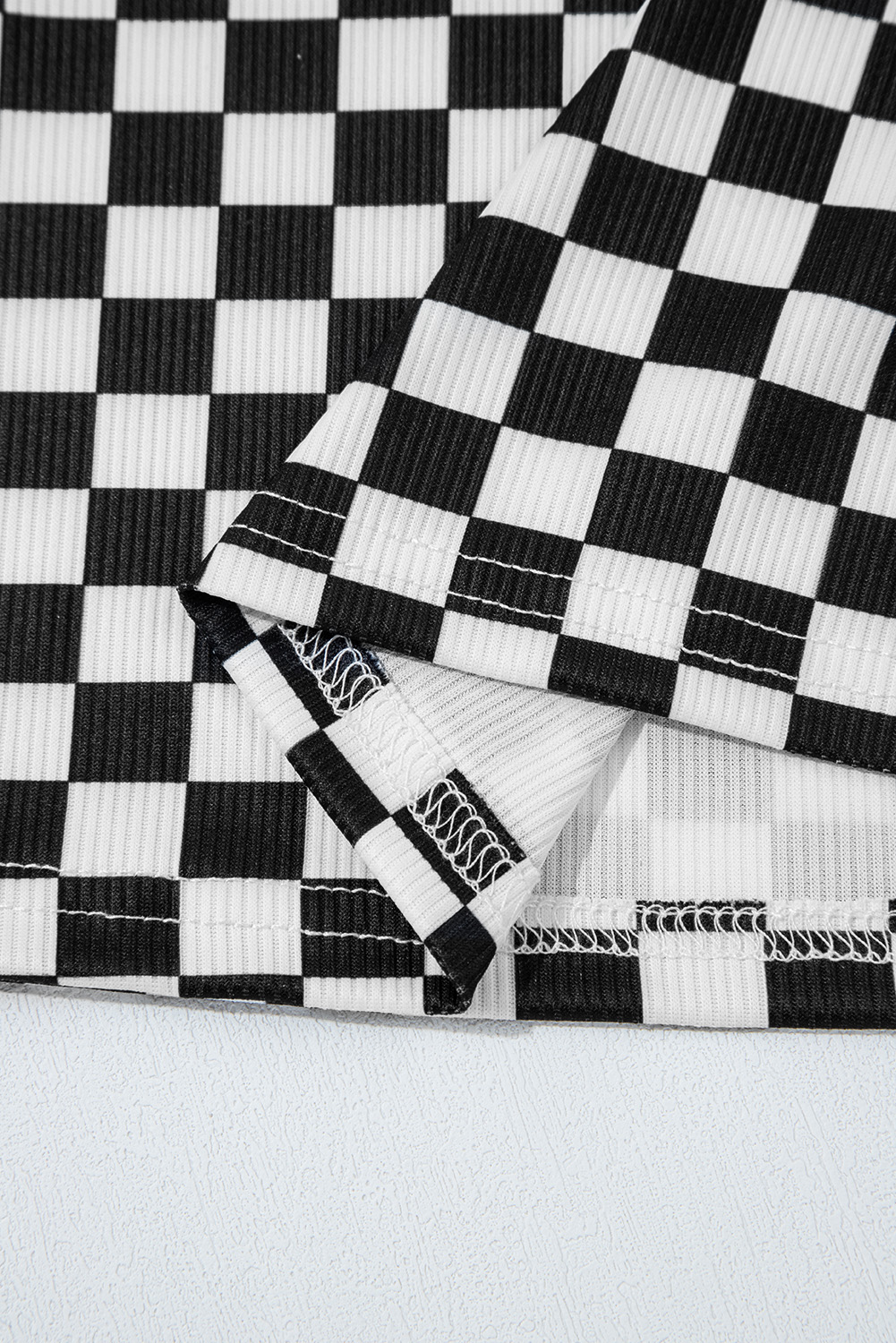 Pink Checkered Ribbed Slim Fit Crew Neck T Shirt