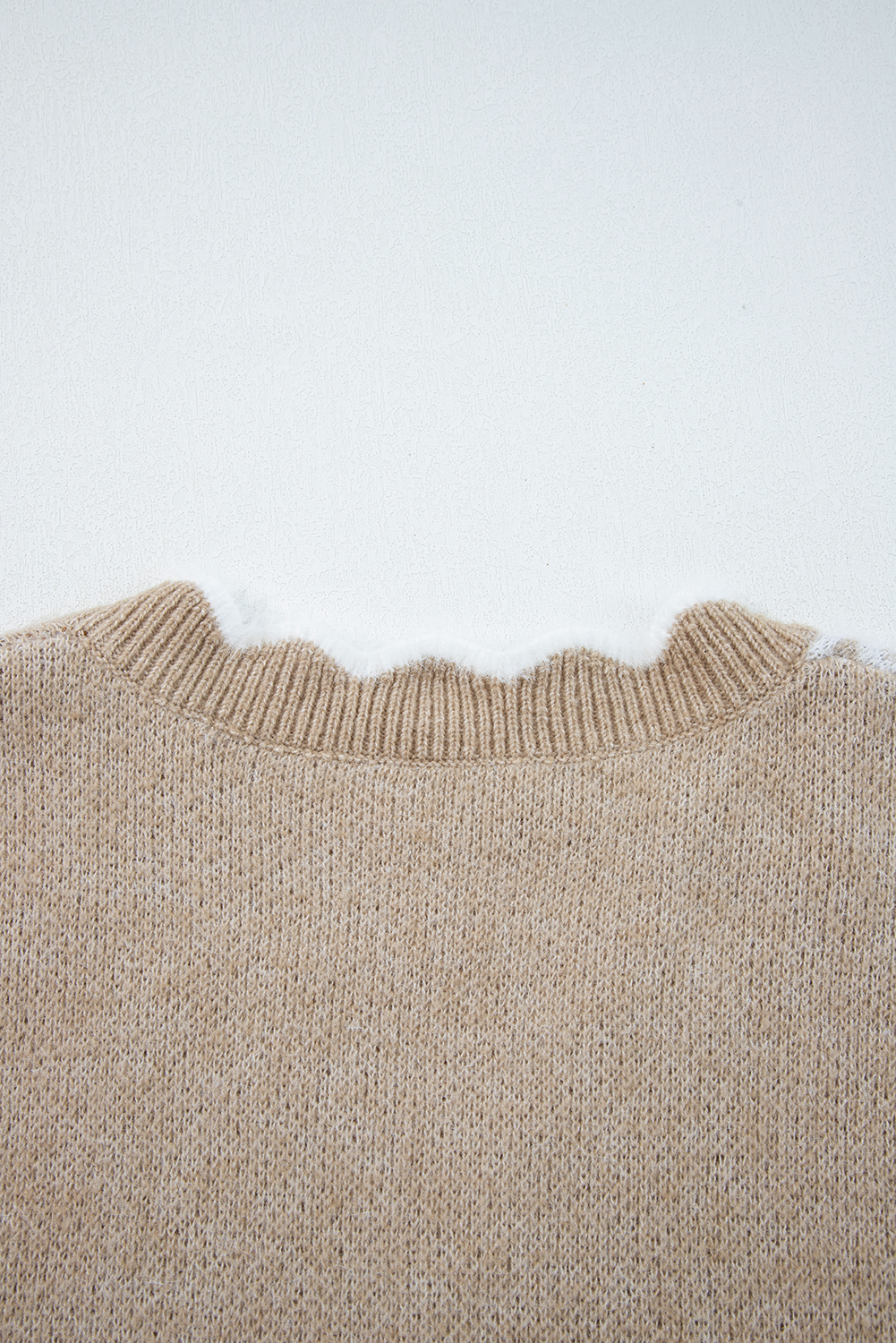 Smoke Gray Plush Flower Pattern Scalloped Trim V Neck Sweater