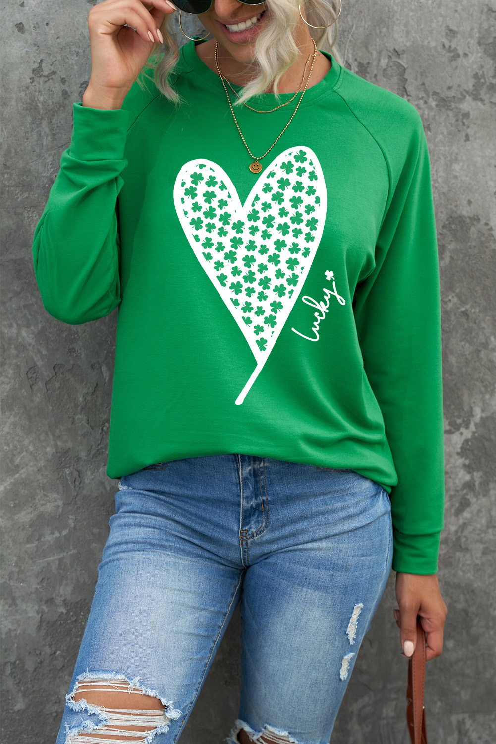 Green St. Patricks LUCKY Clover Print Raglan Sleeve Sweatshirt