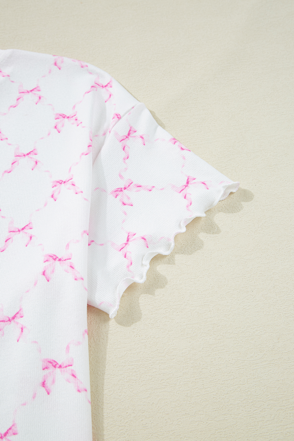 Pink Bow Knot Geometric Print Lettuce Trim Two Piece Lounge Set
