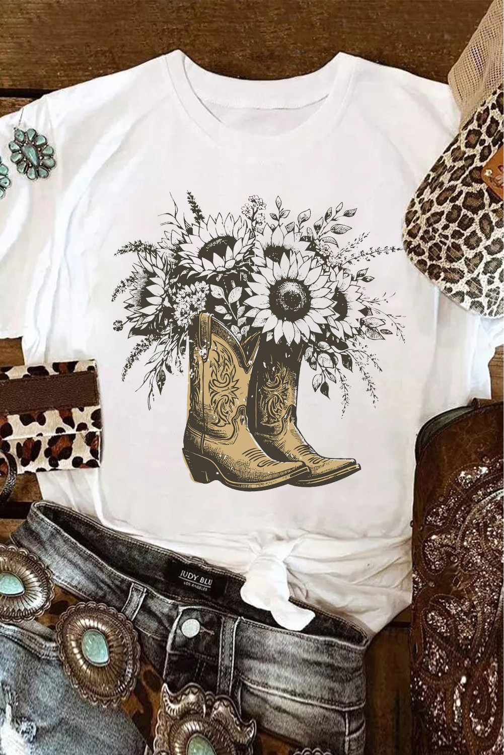 White Sunflower Cowgirl Boots Cotton Blend Graphic Tee