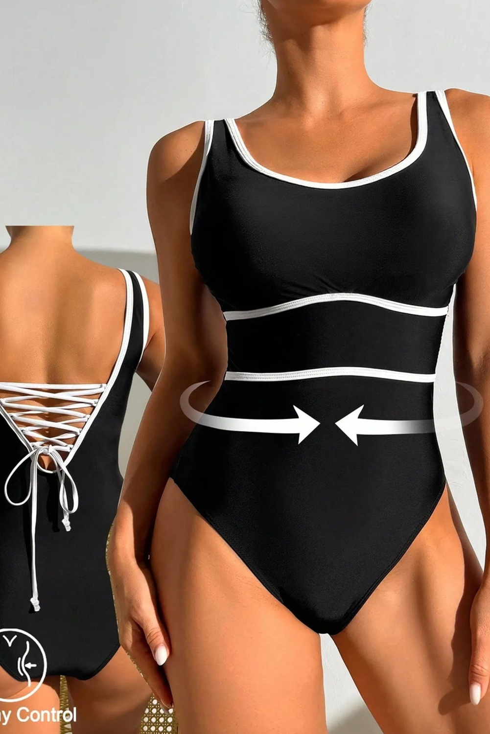 Navy Blue Contrast Trim Lace-up Back One Piece Swimsuit