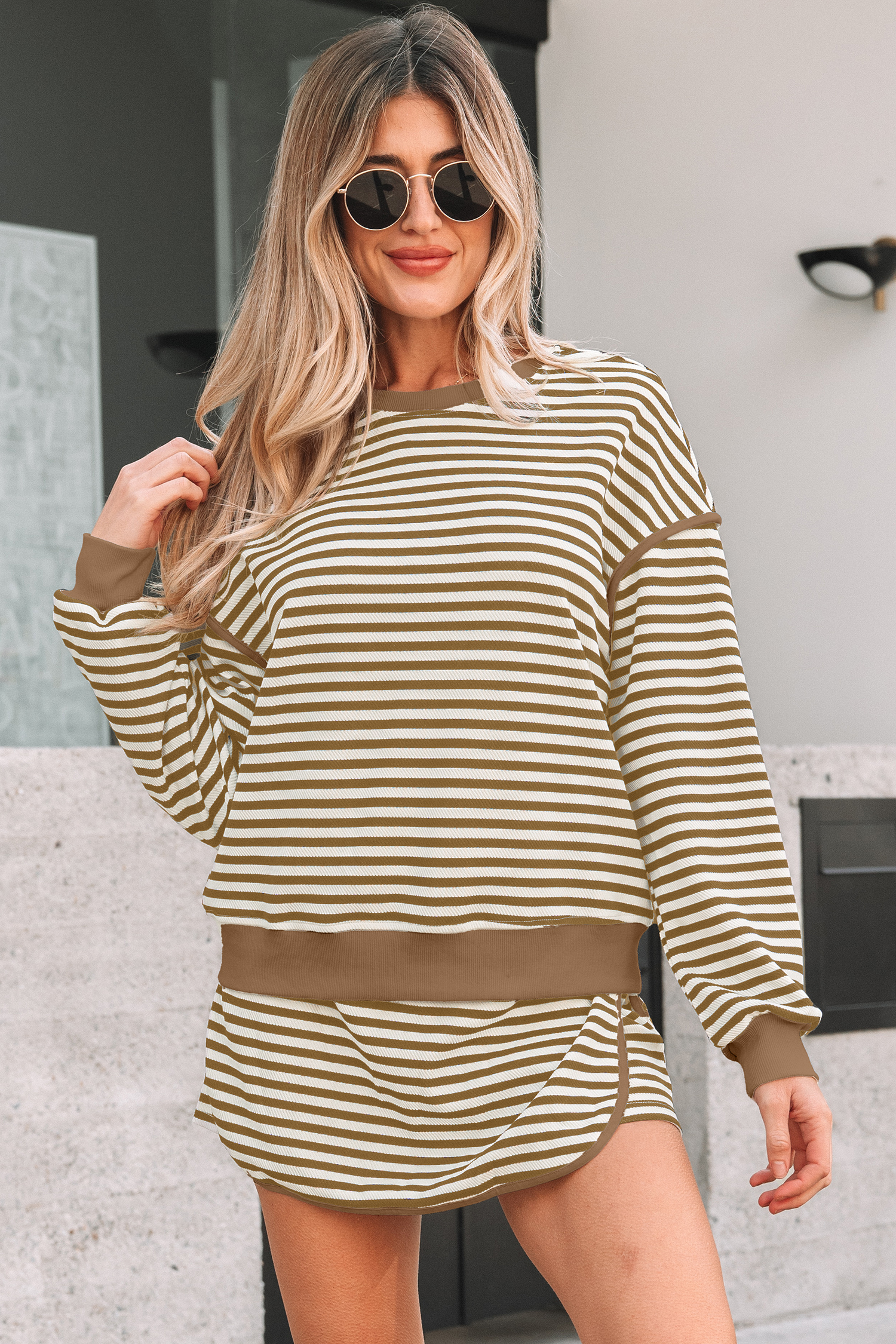 Black Stripe Textured Drop Shoulder Pullover Top Drawstring Mini Skort Two Piece Dress Set
