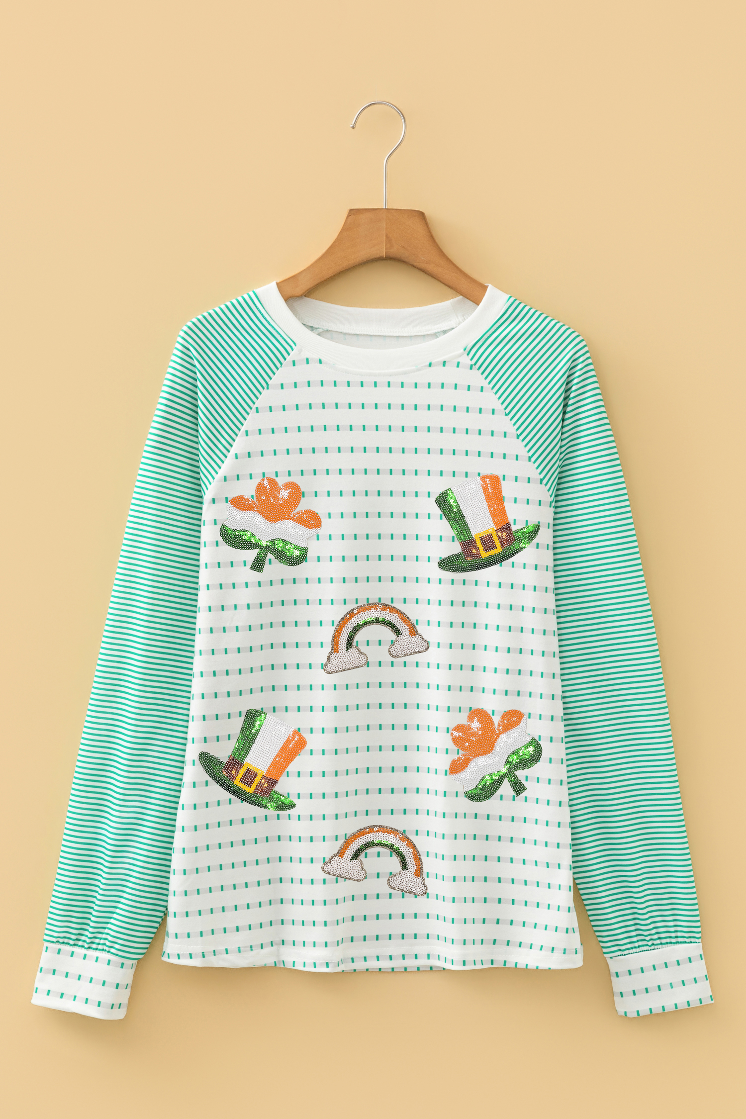 Green Stripe Contrast Raglan Sleeve Sequin St Patricks Element Top