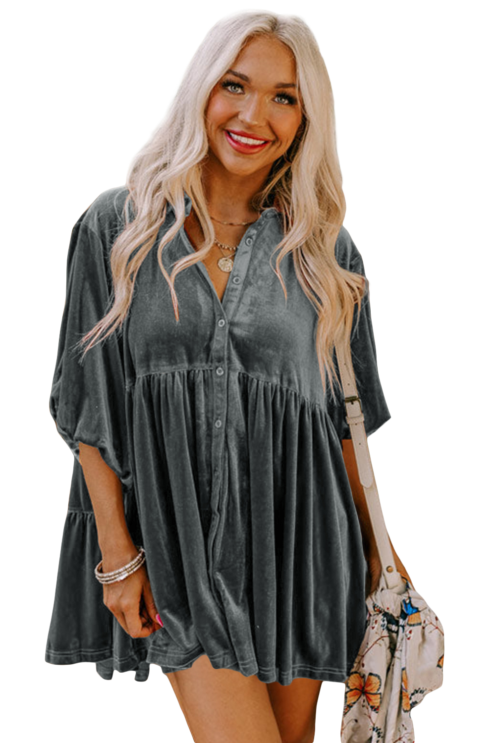 Burgundy 3/4 Sleeve Tunic Babydoll Velvet Shirt