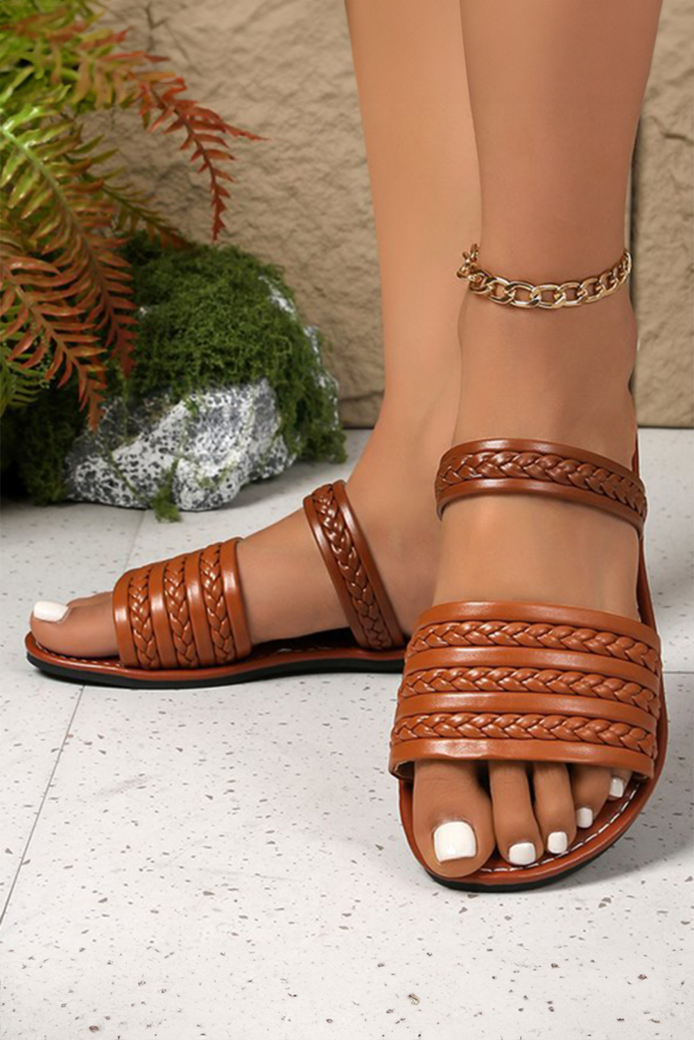 Coffee Woven Band Faux Leather Flat Slippers