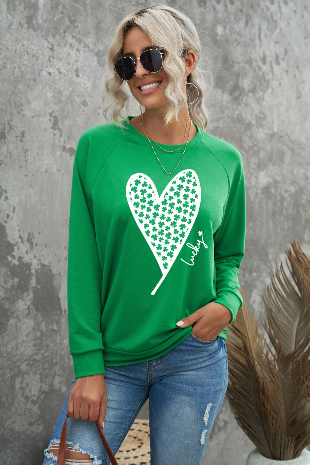 Green St. Patricks LUCKY Clover Print Raglan Sleeve Sweatshirt