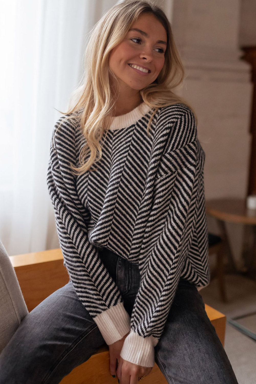 Coffee Contrast Edge Crew Neck Drop Shoulder Sweater