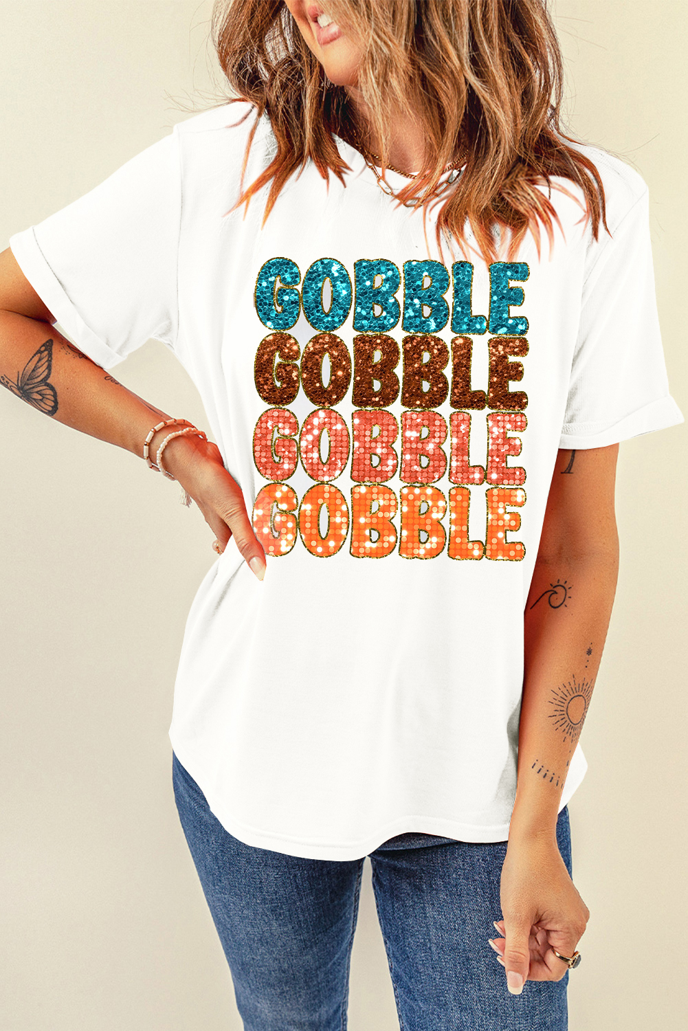 White Heat Transfer GOBBLE Graphic Crewneck Thanksgiving T Shirt
