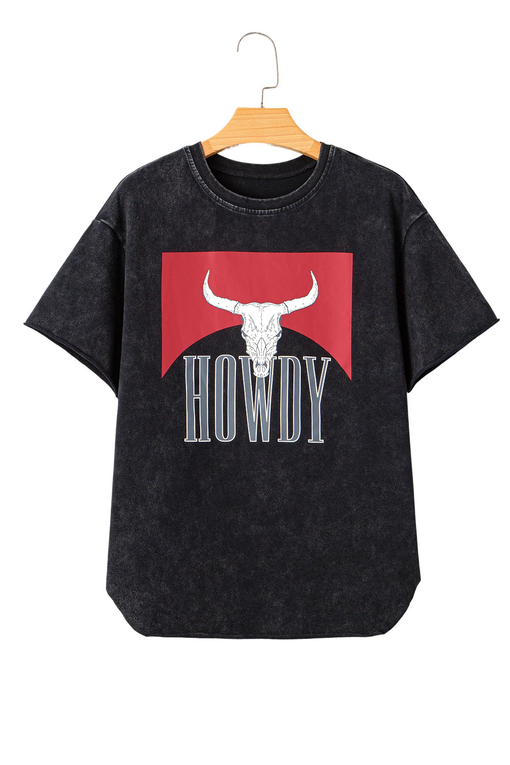Black Western HOWDY Steer Head Print Side Slits Loose Fit T Shirt