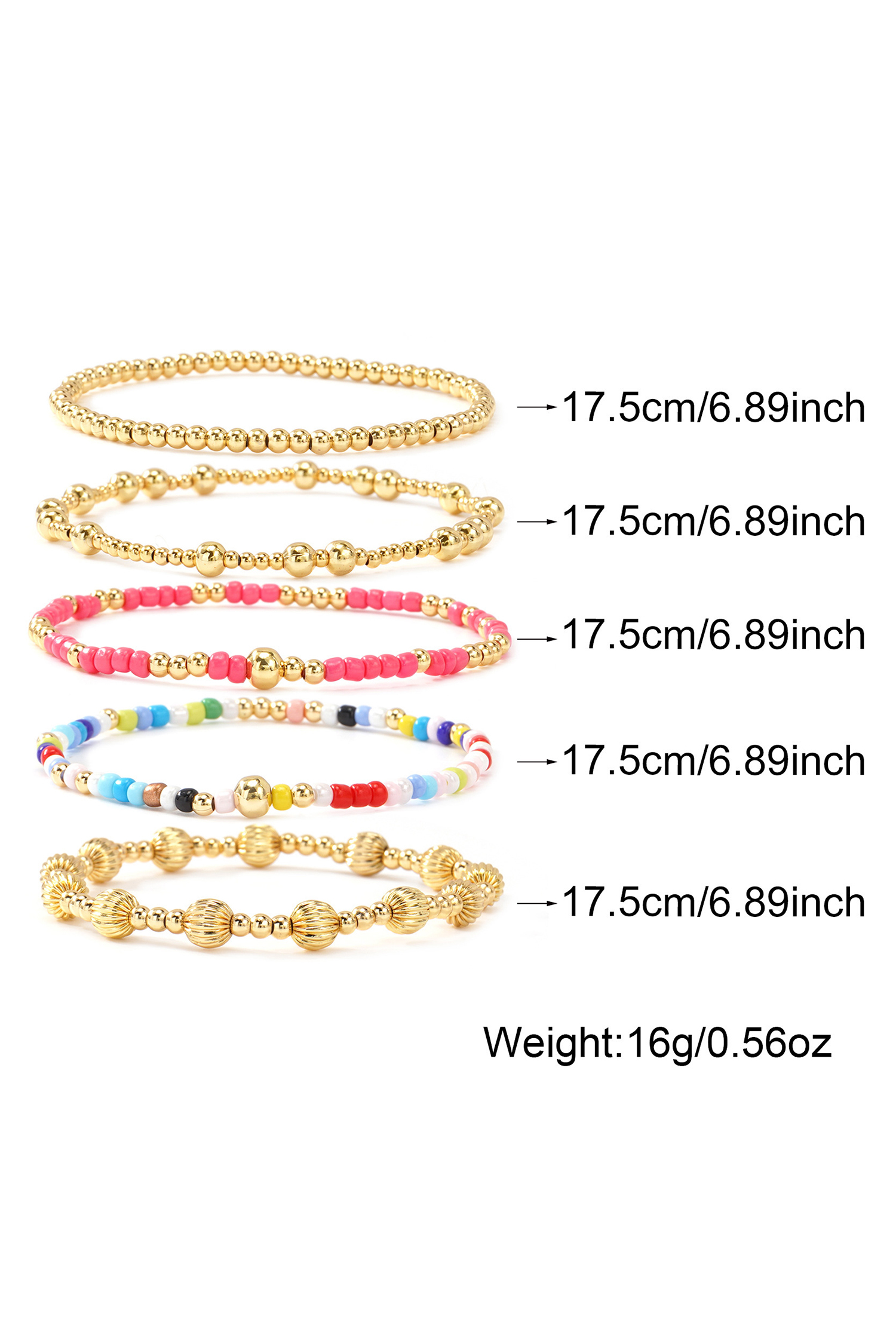 Gold 5pcs Vibrant Beading Stackable Elastic Bracelet Set