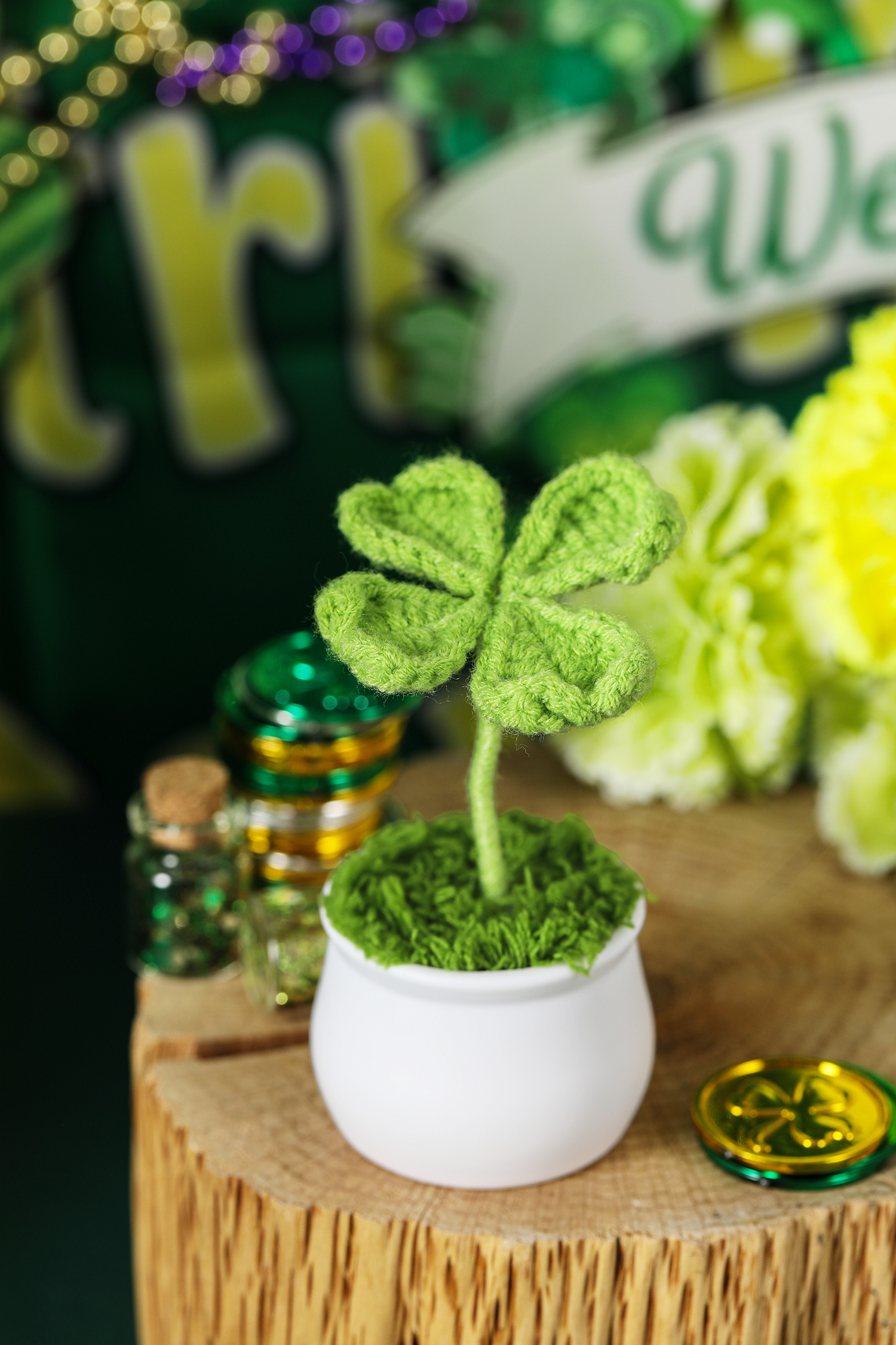 Light Green Handmade Crochet Four Leaf Clover Potted Plant Decoration