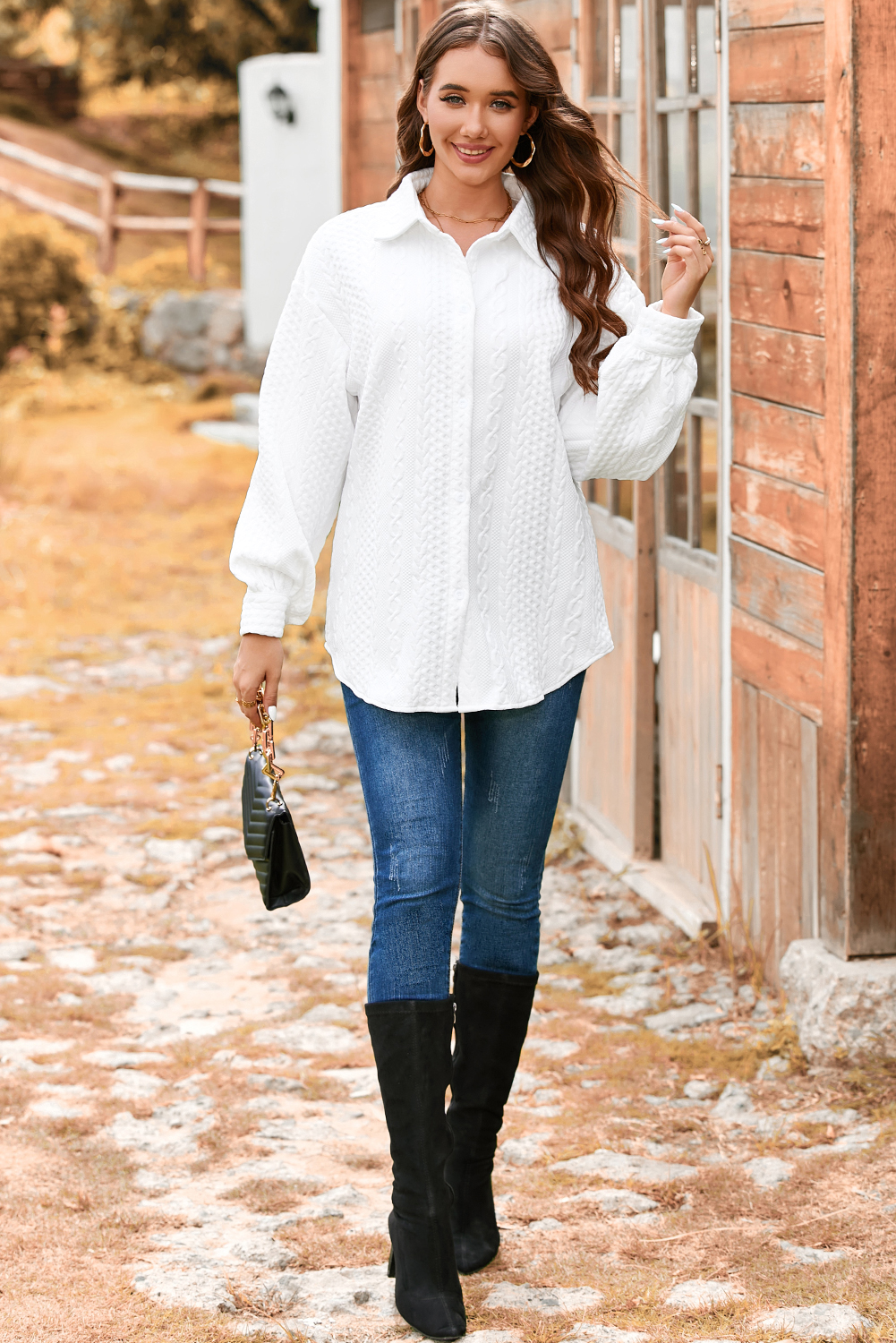 Sepia Rose Cable Texture Puff Sleeve Loose Shacket