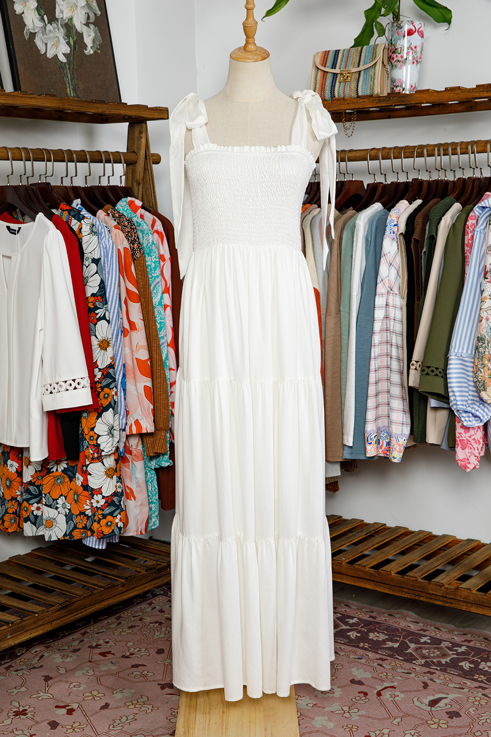 White Customizable Knot Straps Smocked Bodice Tiered Blank Maxi Dress