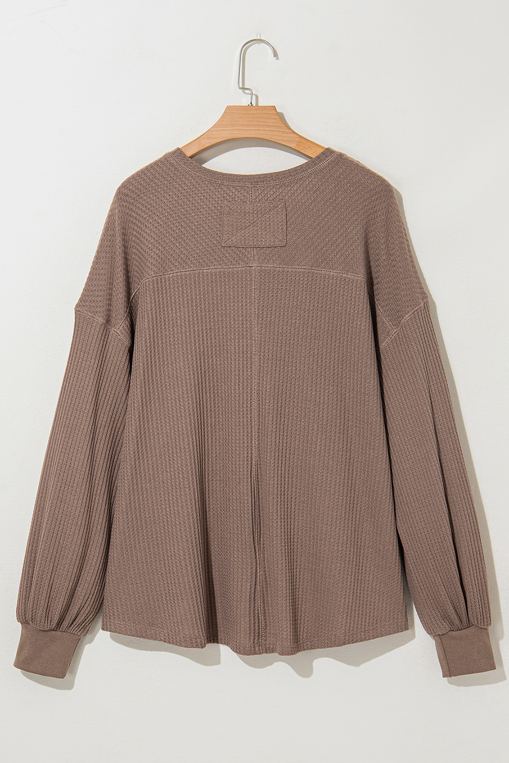 Light Pink Waffle V Neck Long Sleeve Drop Shoulder Loose Blouse