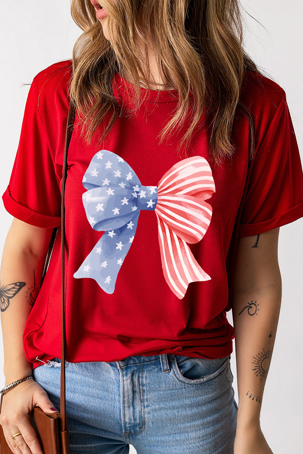 Red Stars and Stripes Bow Print Independence Day T Shirt
