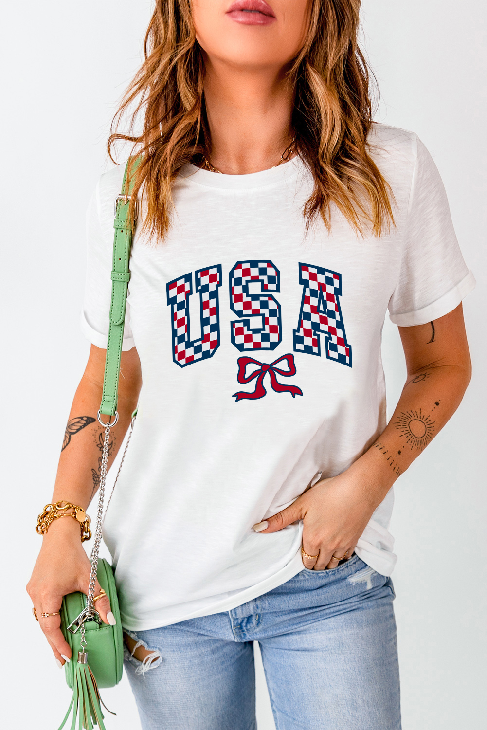 White Checkered USA Graphic Casual Tee