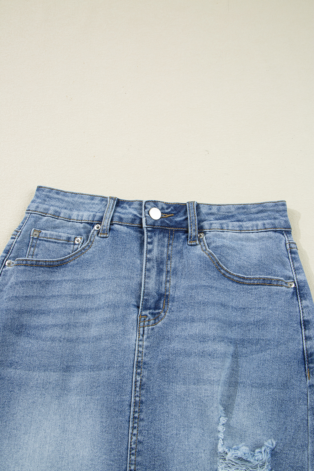 Sail Blue Dearlove Irregular Distressed Bottom Denim Midi Skirt