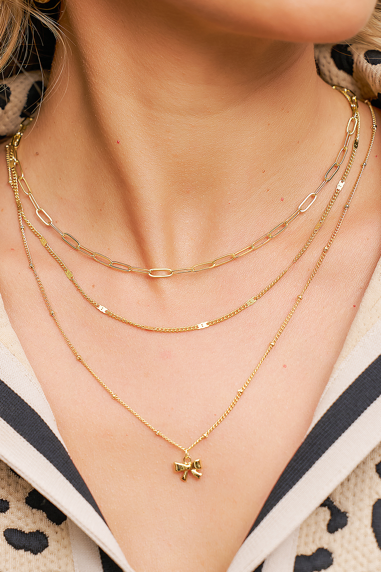Gold Plated Trendy Paperclip Chain Bow Pendant 3pcs Necklace Set