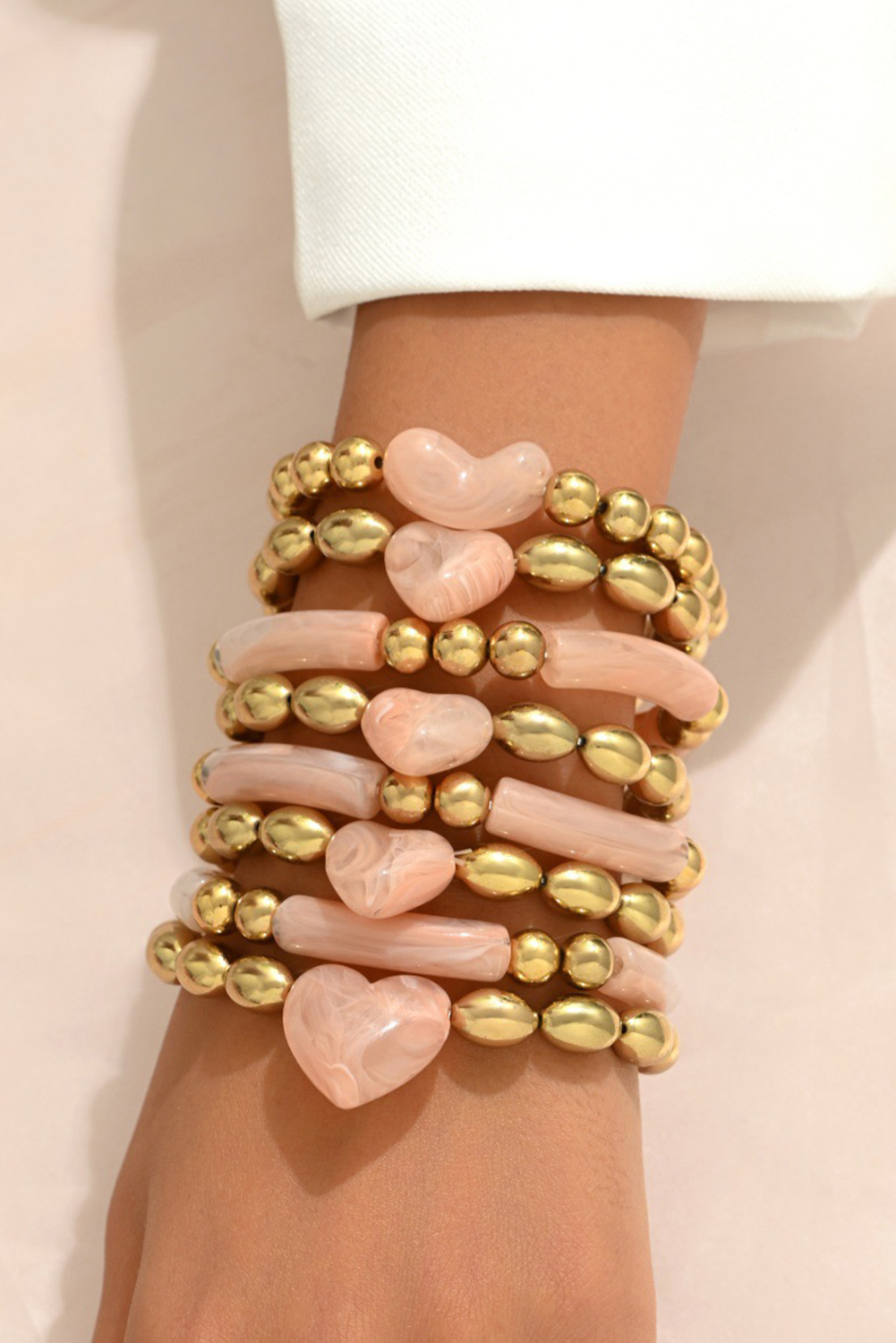 Gold Plated Bead Acrylic Detail 3D Heart Accent 8pcs Bracelet Set