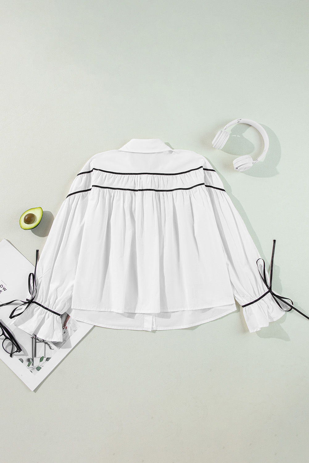 White Black Pipping Ribbon Bowtie Collared Ruffled Puff Sleeve Shirt