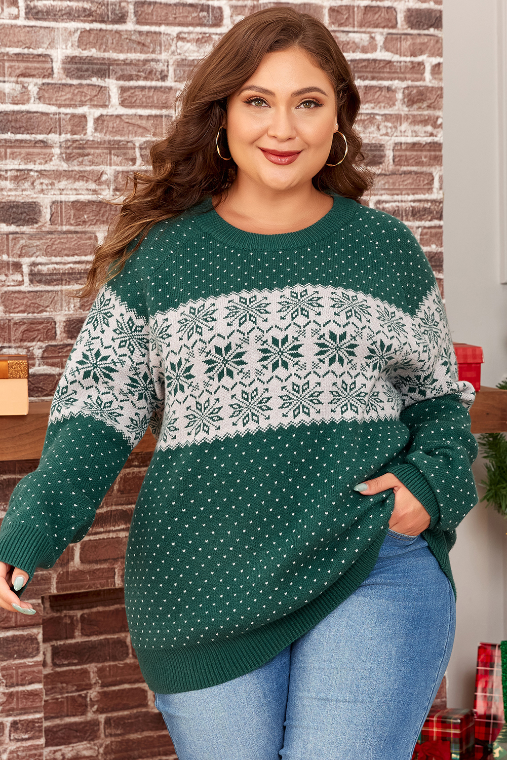 Green Christmas Snowflake Dotted Print Round Neck Sweater