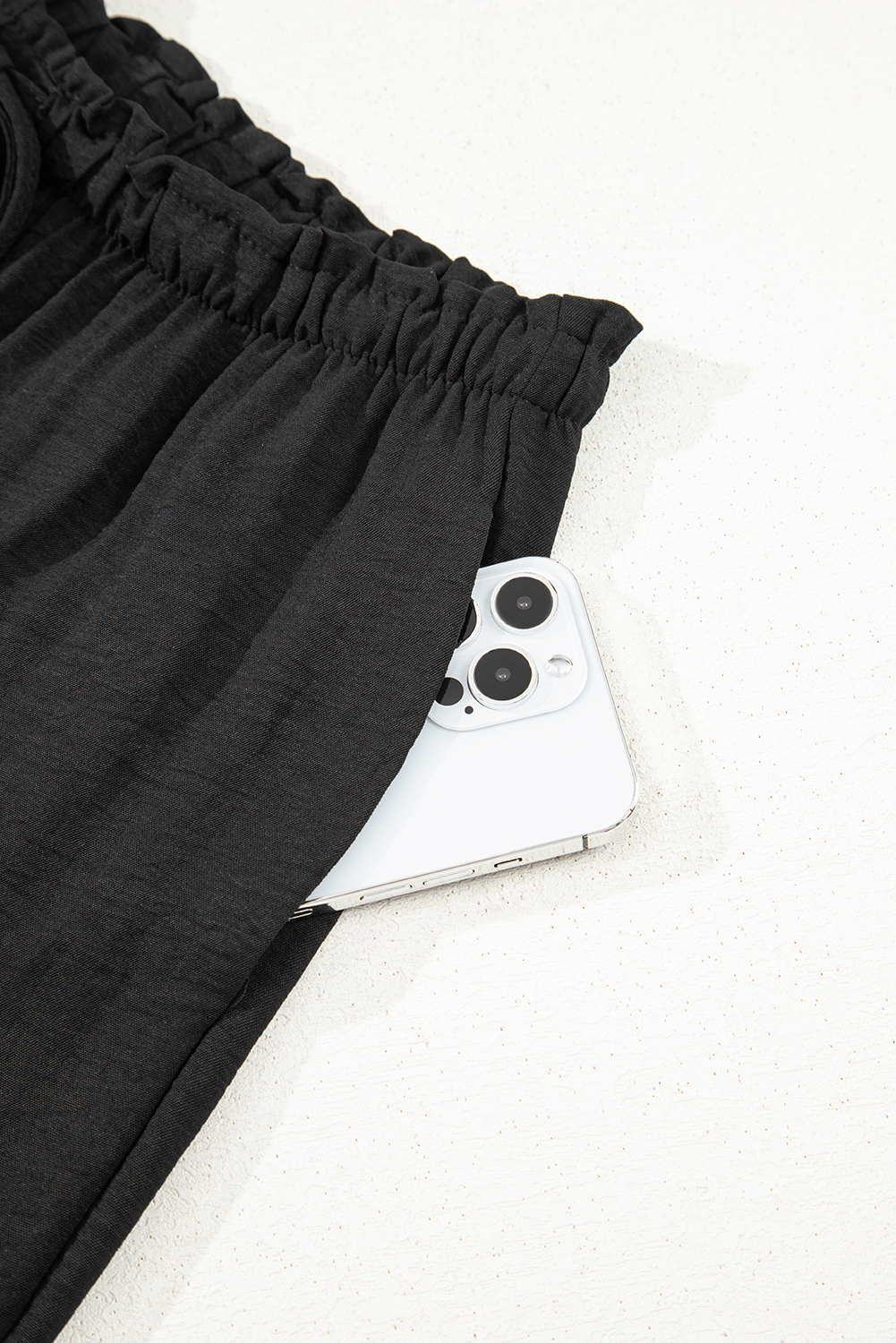 Black Drawstring Frilled Elastic Waistband Wide Leg Utility Trousers