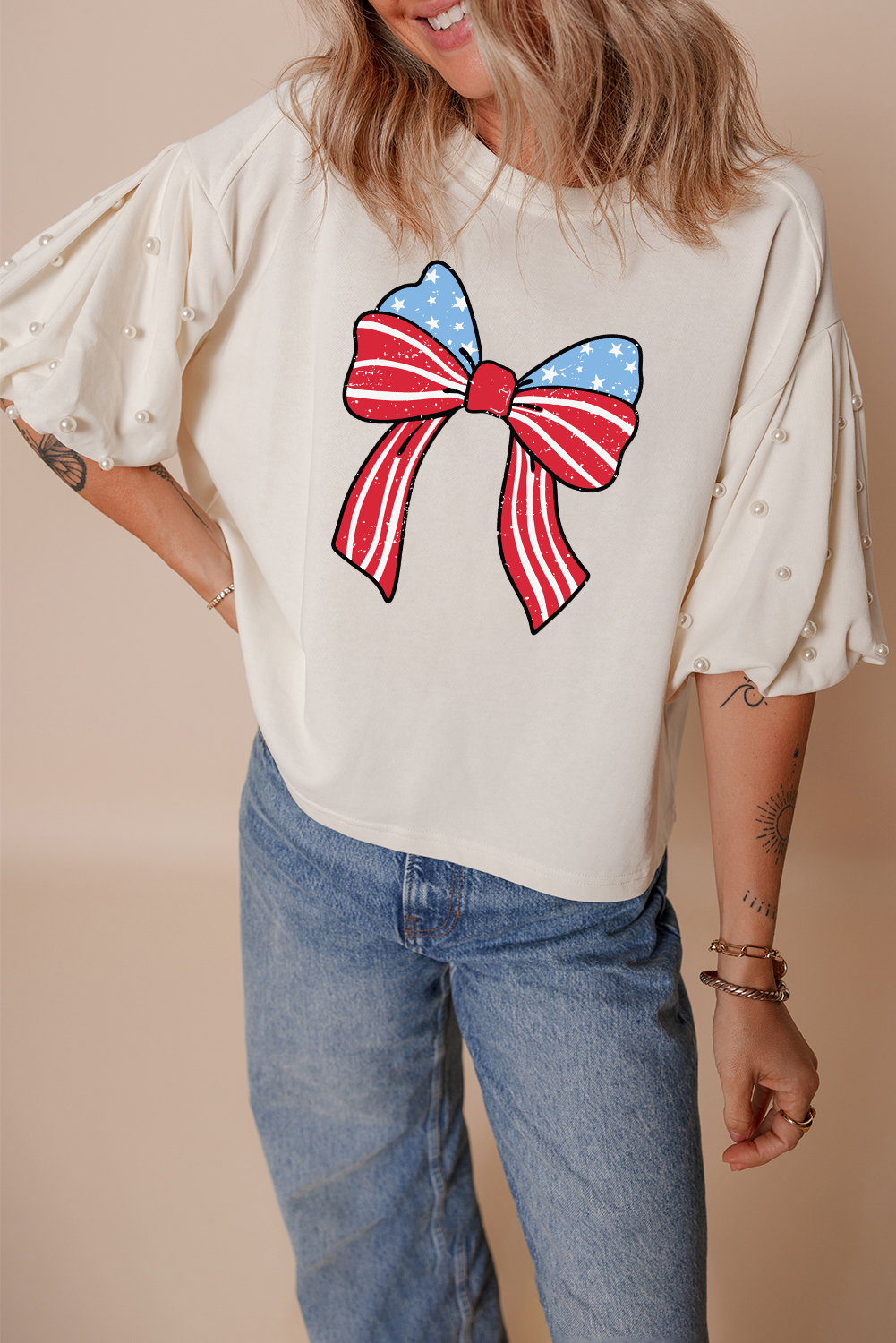 White Stars Stripes Bowknot Graphic Pearled Puff Half Sleeve T Shirt